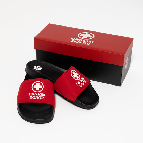 Load image into Gallery viewer, Orgasm Donor Black/Red Slides
