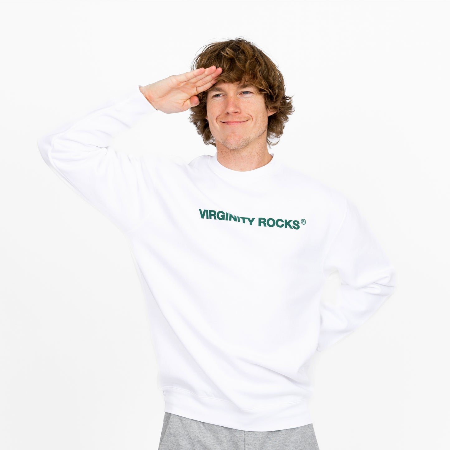 Virginity Rocks Registered White Crewneck