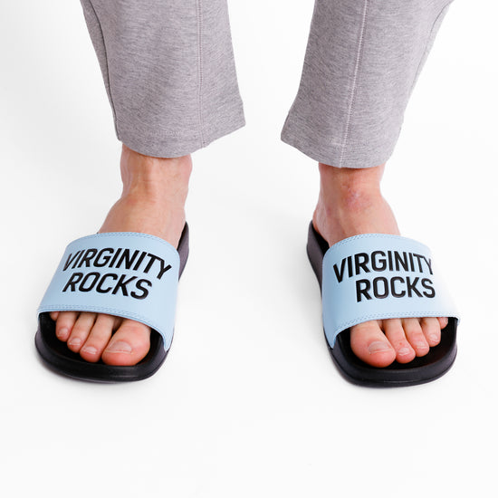 Load image into Gallery viewer, Virginity Rocks Black/Light Blue Slides
