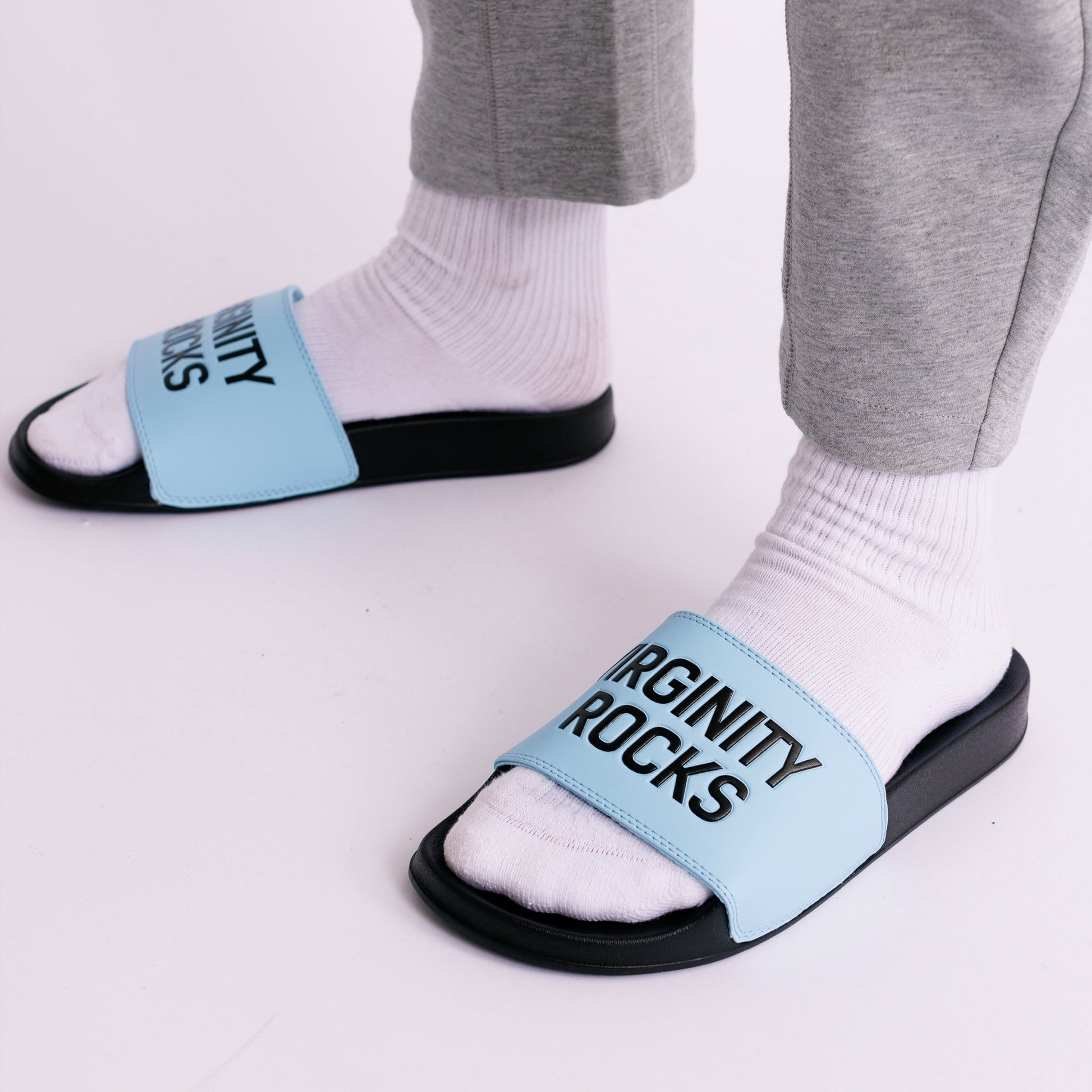 Virginity Rocks Black/Light Blue Slides - Danny Duncan