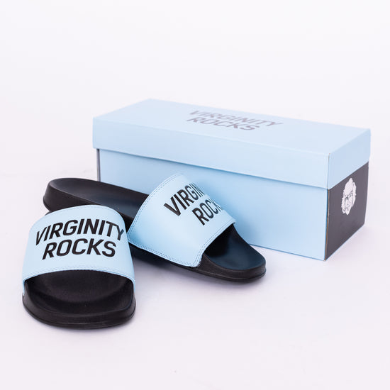 Load image into Gallery viewer, Virginity Rocks Black/Light Blue Slides
