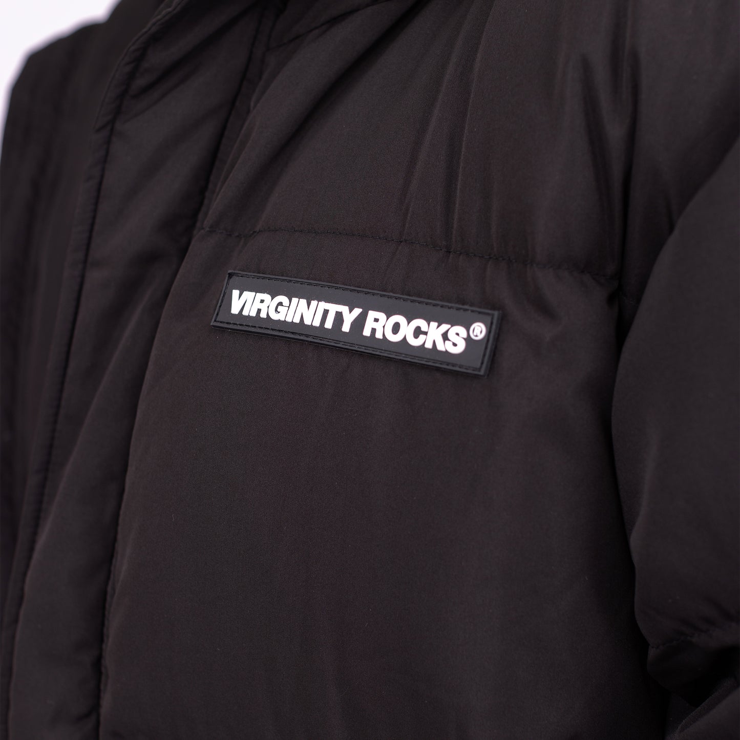 Load image into Gallery viewer, Virginity Rocks Registered Black Puffer Jacket
