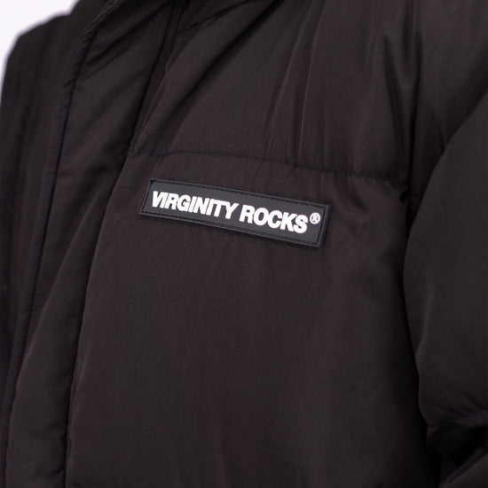 Load image into Gallery viewer, Virginity Rocks Registered Black Puffer Jacket
