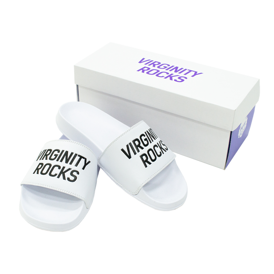 Load image into Gallery viewer, Virginity Rocks White Slides
